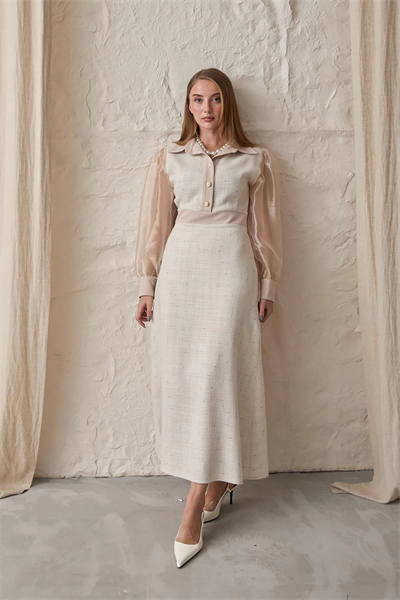 Bej Kolu Organze Garnili Elbise