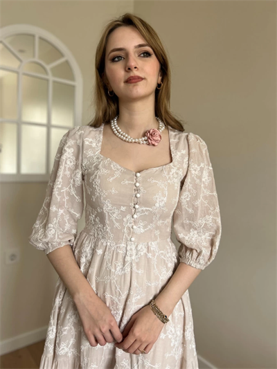 Bej Nakış İşlemeli Brode Elbise