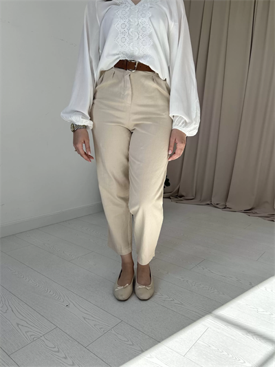 Bej kemerli keten pantolon