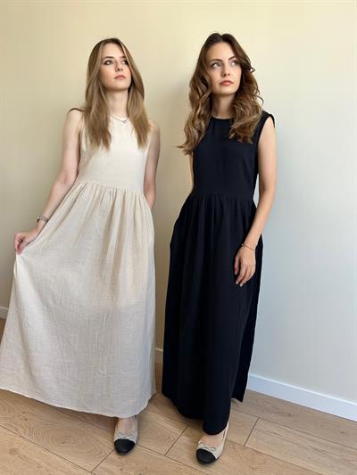 Bej müslin kumaş maxi boy elbise