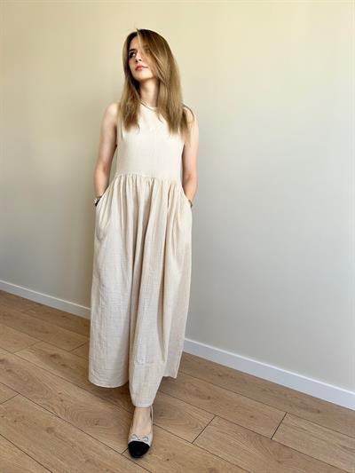 Bej müslin kumaş maxi boy elbise