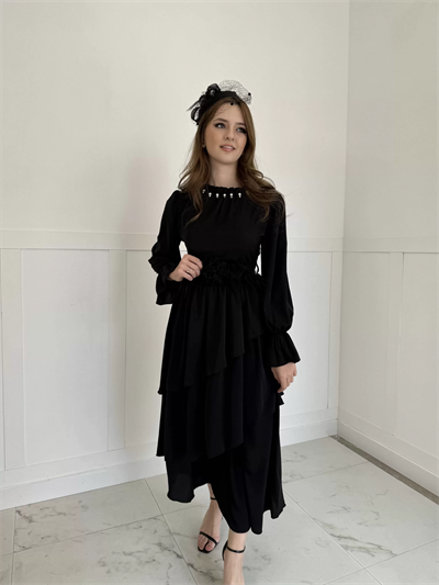 Bel Gül Kemer Detaylı Kat Kat Maxi Boy Elbise