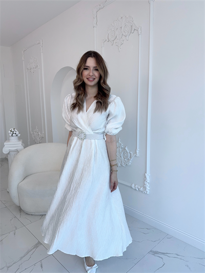 Beyaz Işıltılı Kemerli Kruvaze Elbise