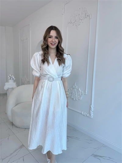 Beyaz Işıltılı Kemerli Kruvaze Elbise