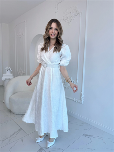 Beyaz Işıltılı Kemerli Kruvaze Elbise