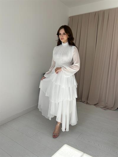 Beyaz Kat Kat Şifon Elbise