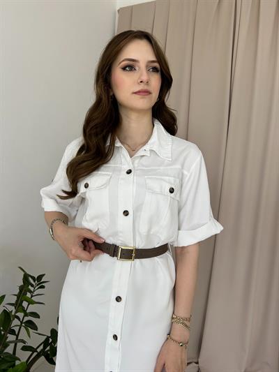 Beyaz Kemerli Gömlek Elbise
