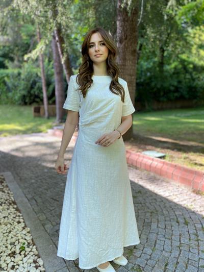 Beyaz Keten Maxi Boy Elbise