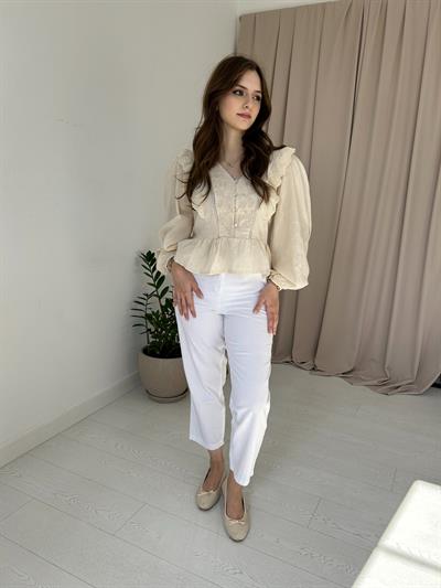 Beyaz kemerli keten pantolon