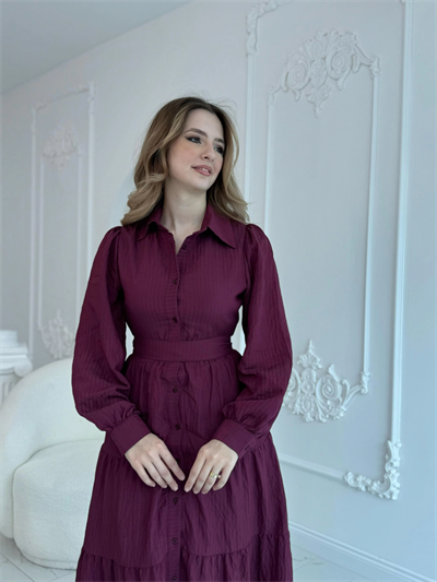 Bordo Çizgi Desenli Kuşaklı Uzun Elbise
