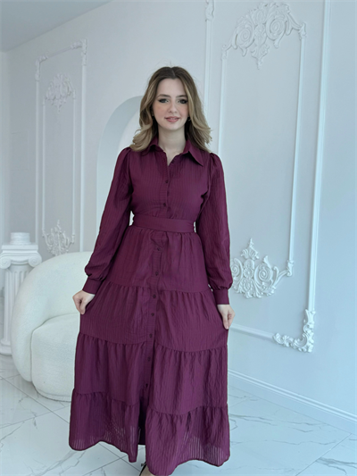 Bordo Çizgi Desenli Kuşaklı Uzun Elbise