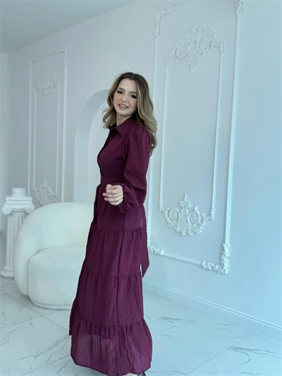 Bordo Çizgi Desenli Kuşaklı Uzun Elbise