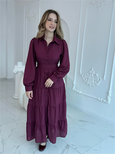 Bordo Çizgi Desenli Kuşaklı Uzun Elbise