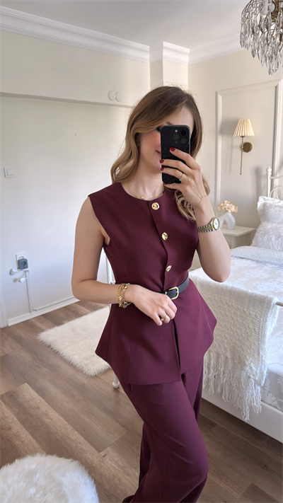 Bordo Kemer Detaylı Bordo Yelek Pantolon Takım