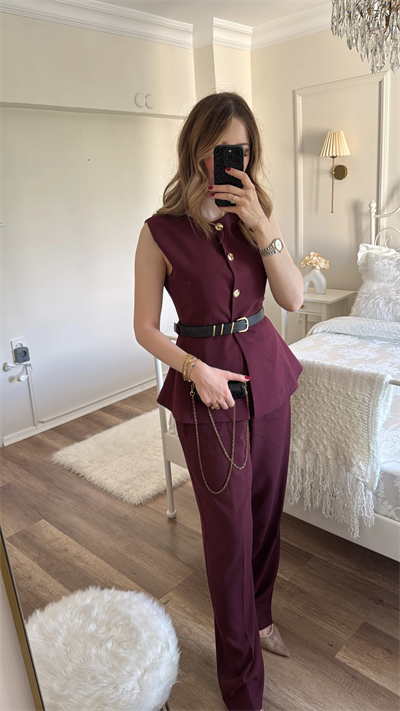 Bordo Kemer Detaylı Bordo Yelek Pantolon Takım