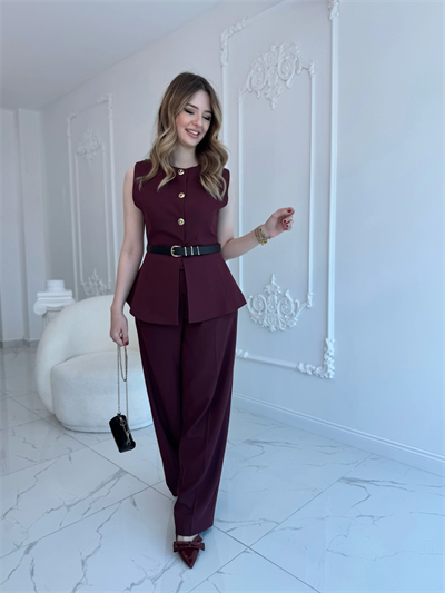 Bordo Kemer Detaylı Bordo Yelek Pantolon Takım