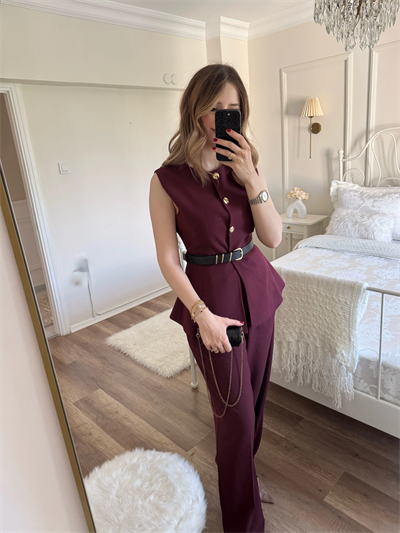 Bordo Kemer Detaylı Bordo Yelek Pantolon Takım
