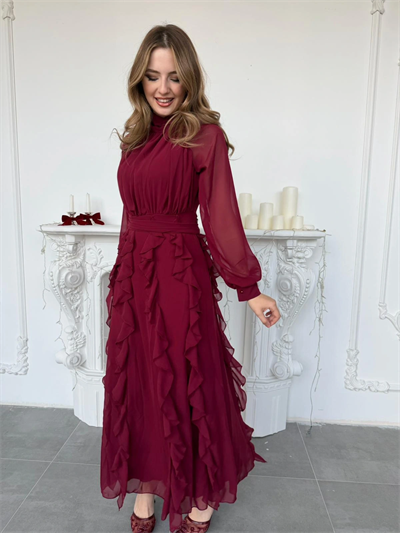 Büzgü Yakalı Eteği Volanlı Beli Kuşaklı Şifon Bordo Elbise