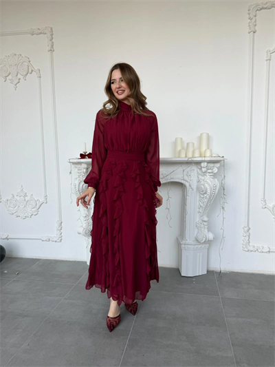 Büzgü Yakalı Eteği Volanlı Beli Kuşaklı Şifon Bordo Elbise