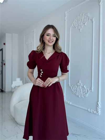 CEKET YAKA BALON KOL DÜĞME DETAY BORDO ELBİSE