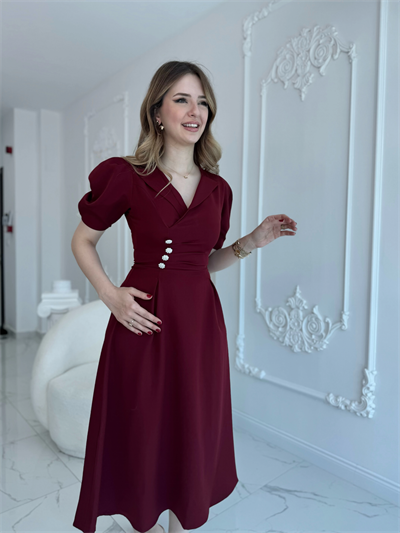 CEKET YAKA BALON KOL DÜĞME DETAY BORDO ELBİSE