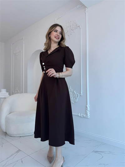 CEKET YAKA BALON KOL DÜĞME DETAY KAHVE ELBİSE