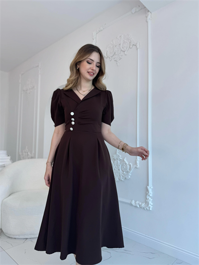 CEKET YAKA BALON KOL DÜĞME DETAY KAHVE ELBİSE