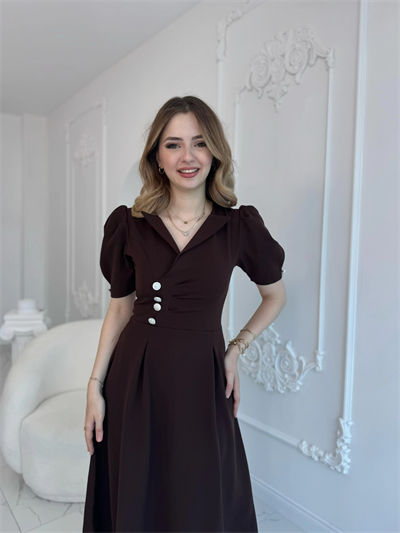 CEKET YAKA BALON KOL DÜĞME DETAY KAHVE ELBİSE