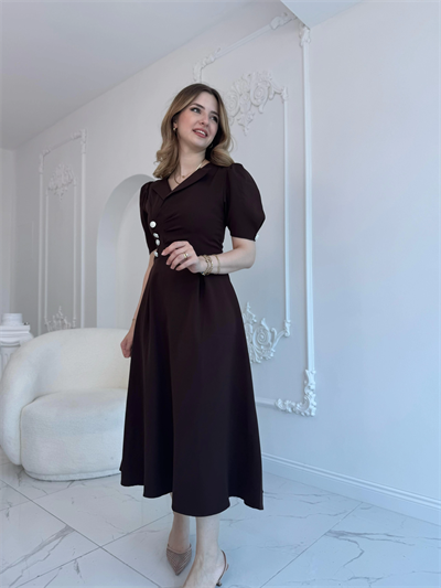 CEKET YAKA BALON KOL DÜĞME DETAY KAHVE ELBİSE