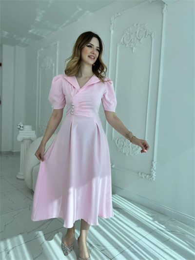 CEKET YAKA BALON KOL DÜĞME DETAY PEMBE ELBİSE