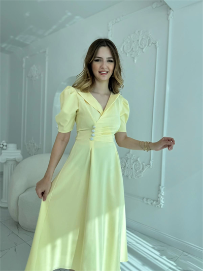 CEKET YAKA BALON KOL DÜĞME DETAY SARI ELBİSE