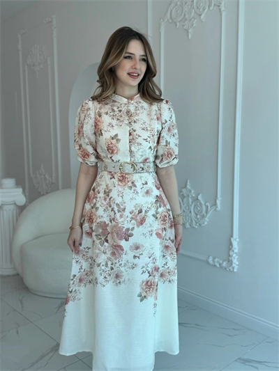 ÇİÇEK DESEN KEMERLİ MAXİ BOY ELBİSE