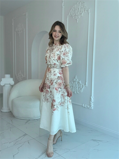 ÇİÇEK DESEN KEMERLİ MAXİ BOY ELBİSE