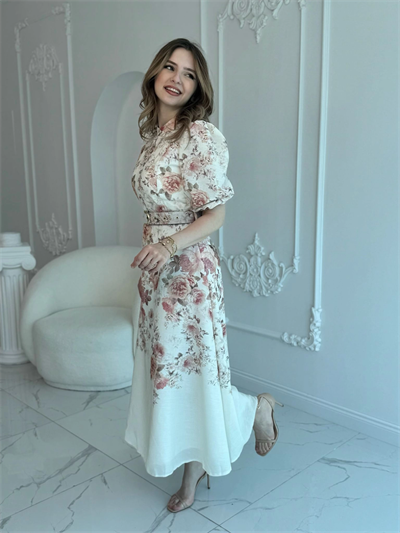 ÇİÇEK DESEN KEMERLİ MAXİ BOY ELBİSE