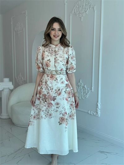 ÇİÇEK DESEN KEMERLİ MAXİ BOY ELBİSE