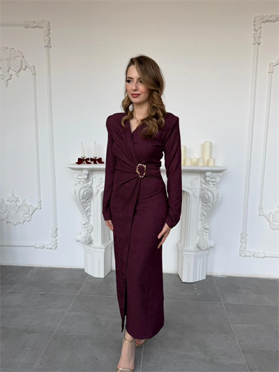 Çapraz Drape Detaylı Gold Tokalı Meloni Kumaş Mürdüm Elbise