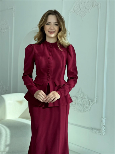 Ceket ve Etek Detaylı Bordo İkili Takım