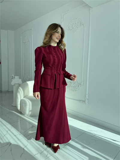 Ceket ve Etek Detaylı Bordo İkili Takım
