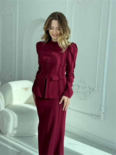 Ceket ve Etek Detaylı Bordo İkili Takım