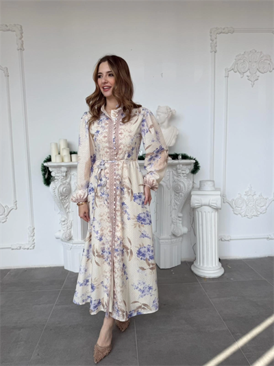 Çiçek Desenli Kuşak ve Düğme Detaylı Vintage Stil Keten Elbise