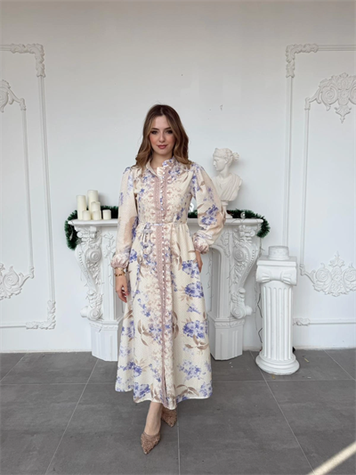 Çiçek Desenli Kuşak ve Düğme Detaylı Vintage Stil Keten Elbise