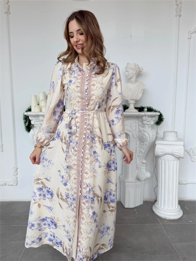 Çiçek Desenli Kuşak ve Düğme Detaylı Vintage Stil Keten Elbise