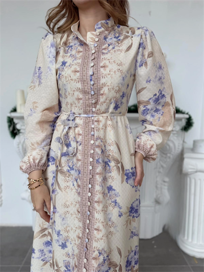 Çiçek Desenli Kuşak ve Düğme Detaylı Vintage Stil Keten Elbise
