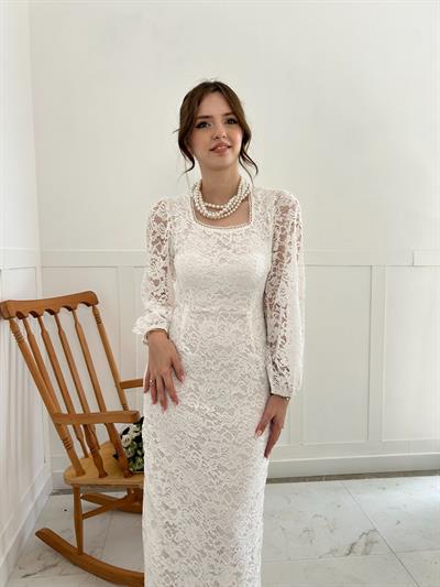 Dantel Maxi Boy Beyaz Elbise