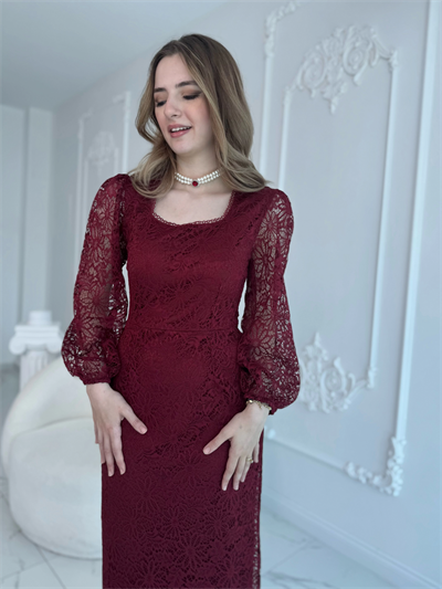 Dantel Maxi Boy Bordo Elbise