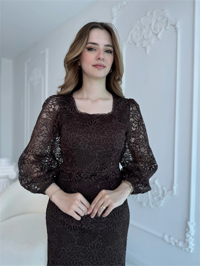 Dantel Maxi Boy Kahve Elbise