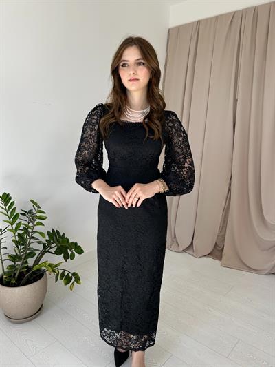 Dantel Maxi Boy Siyah Elbise