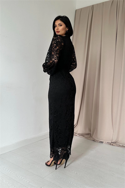 Dantel Maxi Boy Siyah Elbise