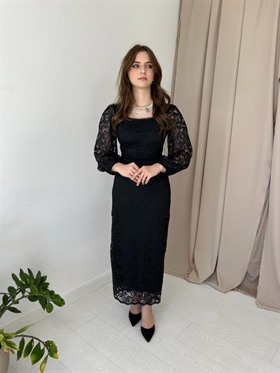 Dantel Maxi Boy Siyah Elbise