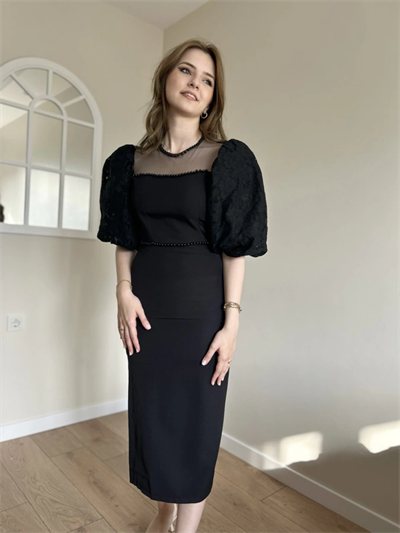 Diana Siyah Tül ve İnci Detaylı Elbise